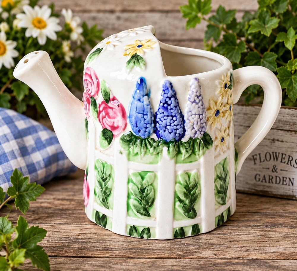 Vintage Ceramic Watering Can Planter Raised Flowers Cottage Garden Decor